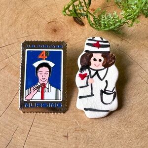 Vintage Nursing U.S. Postage Stamp 4¢ Pin Gold Tone & White Blue Red Enamel